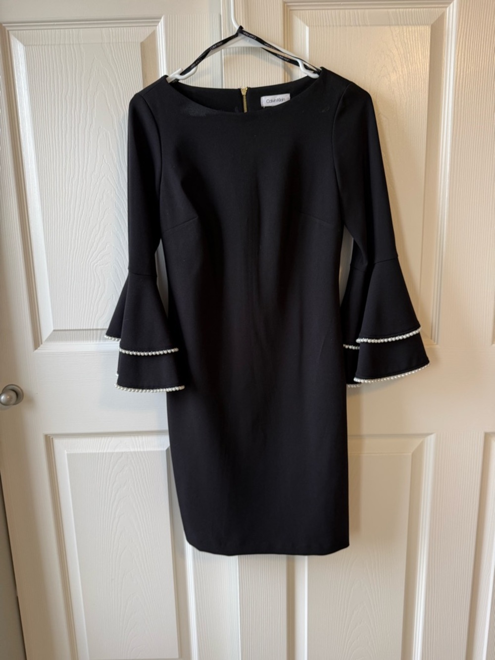 Calvin Klein Black Pearl-Trim Bell Sleeve Sheath Dress size 2